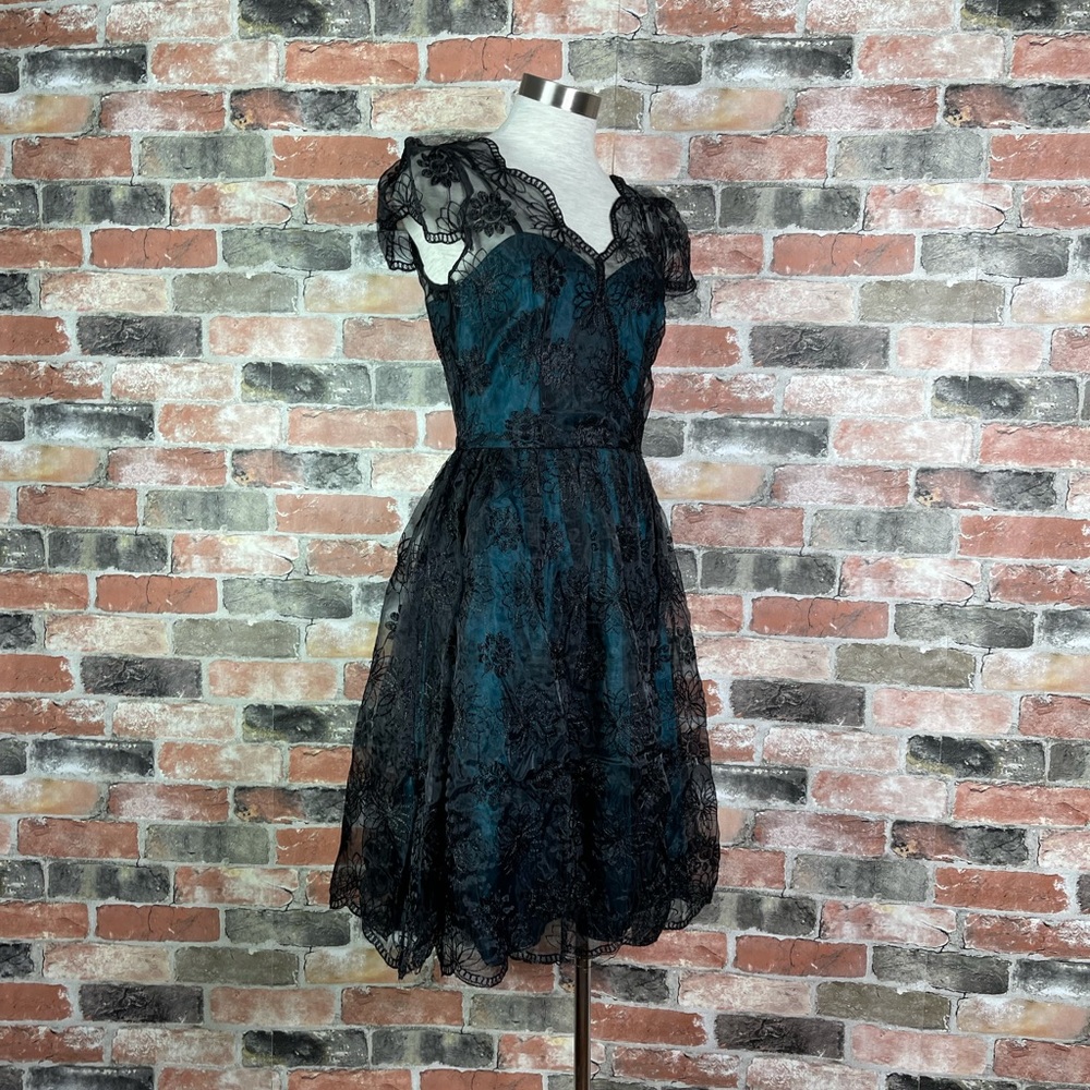 Voodoo Vixen Retro Pin Up 50s May Teal Lace Overlay Taffeta Dress - Picture 2 of 8